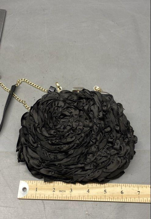 White House Black Market Black Rosette Evening Clutch, Floral Satin Chain Strap Bag