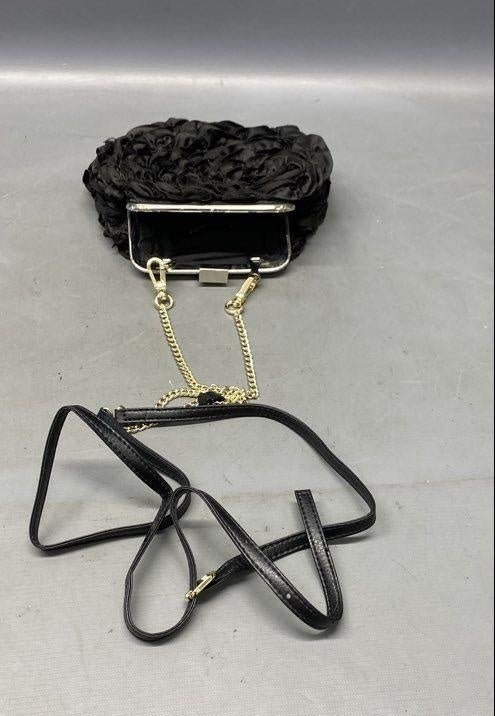 White House Black Market Black Rosette Evening Clutch, Floral Satin Chain Strap Bag
