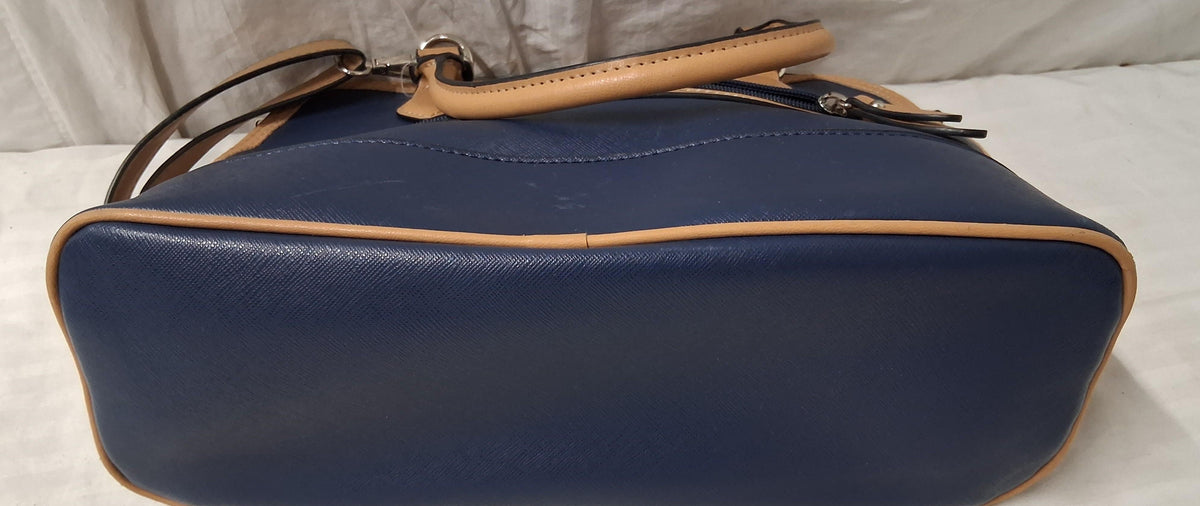 Giani Bernini navy blue satchel with tan trim, gold-tone hardware and crossbody strap, view 2