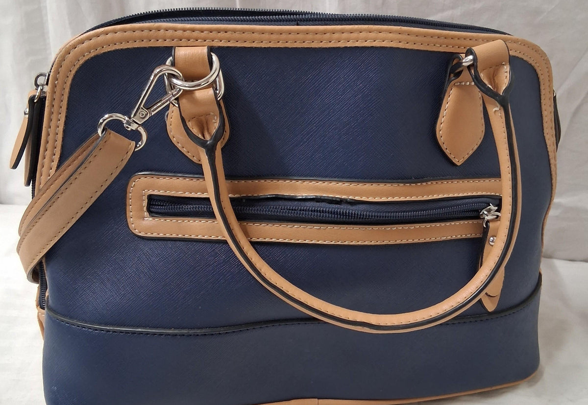 Giani Bernini navy blue satchel with tan trim, gold-tone hardware and crossbody strap, view 6