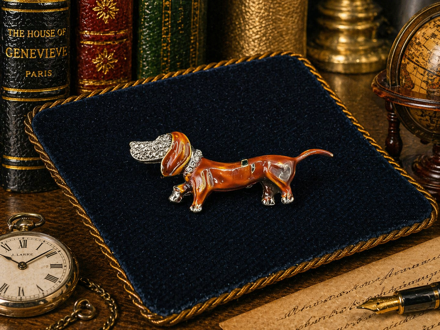 (NEED BACK PIC) Brown enamel dachshund brooch with clear crystal ear and collar accents