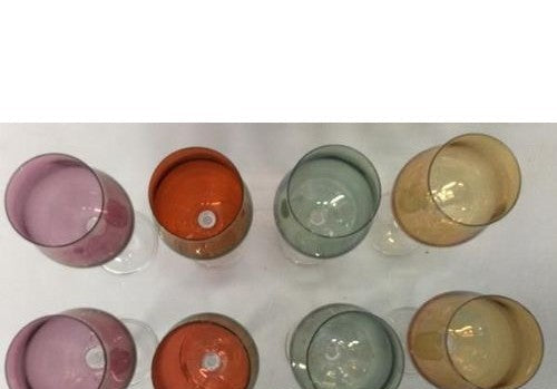 Eight long-stem wine glasses with green, orange, purple and red bowls and clear stems, view 5