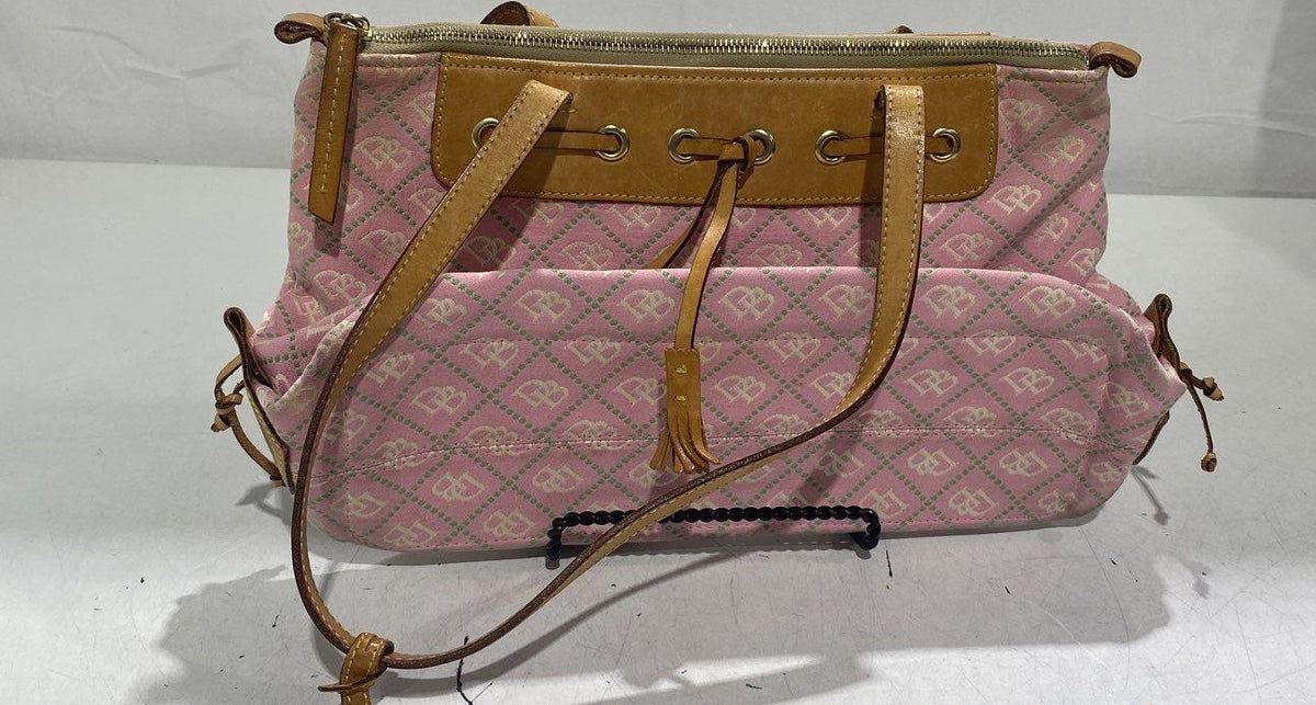 Early 2000s Dooney & Bourke Pink Signature DB Canvas Barrel Shoulder Bag