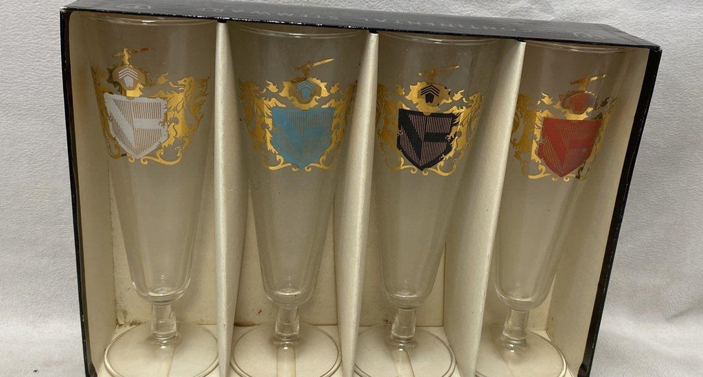 Vintage 1968 Federal Glass Camelot Coat of Arms Pilsner Glasses Boxed Set of 4