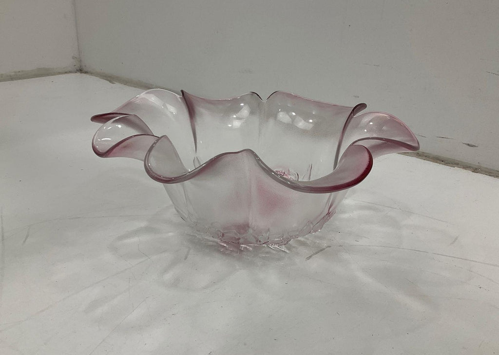 Vintage Pink Swirl Art Glass Flower Bowl Ruffled Petal Centerpiece Dish