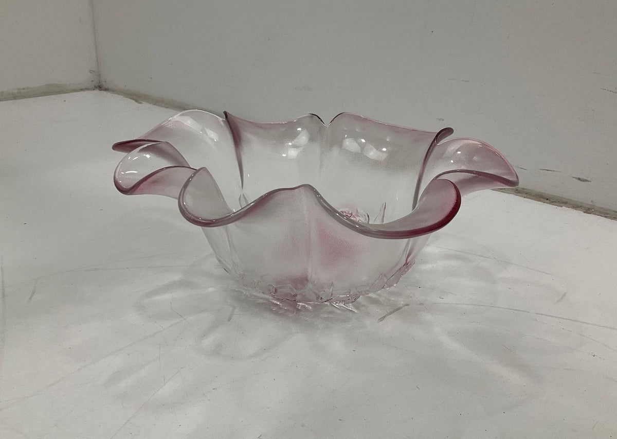 Vintage Pink Swirl Art Glass Flower Bowl Ruffled Petal Centerpiece Dish