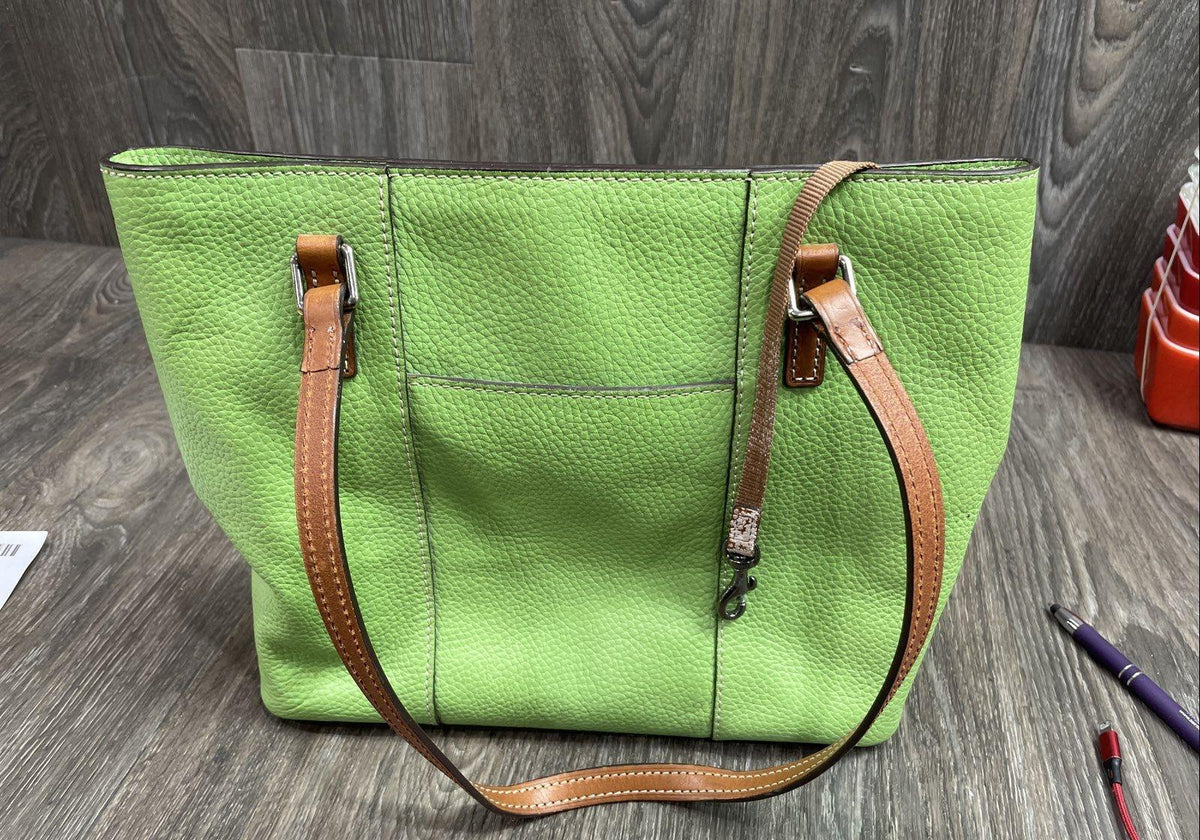 Dooney & Bourke lime green pebbled leather tote with tan leather buckle handles and logo plate, view 3