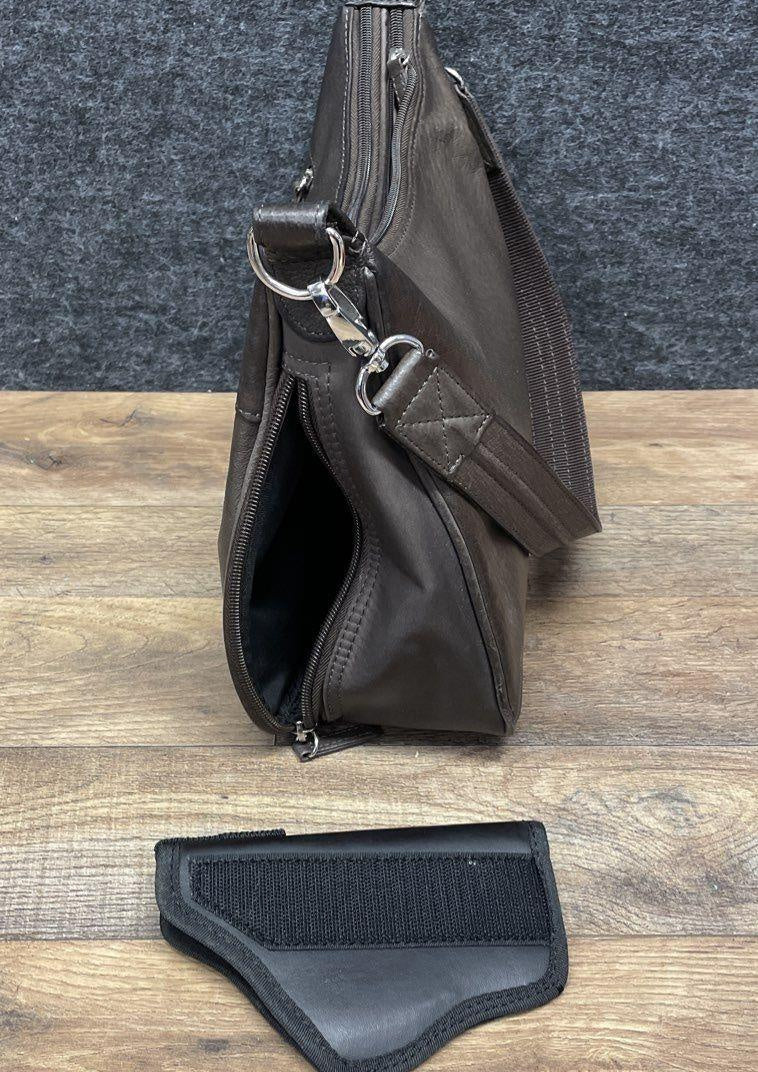 Brown leather concealed carry shoulder crossbody bag with multiple zip compartments, view 5