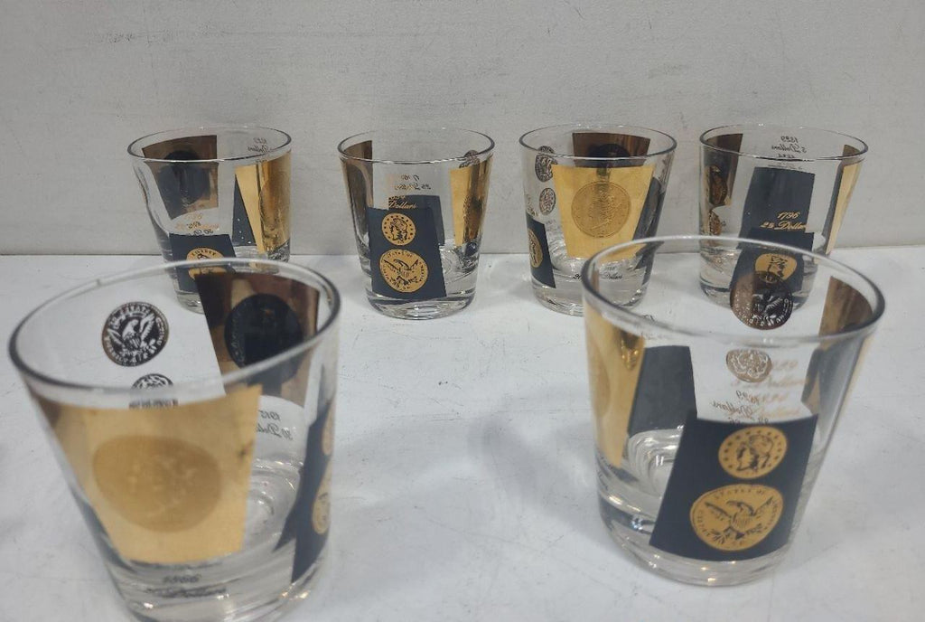 1960s Coin Barware Glasses Set of 6 – Gold & Black