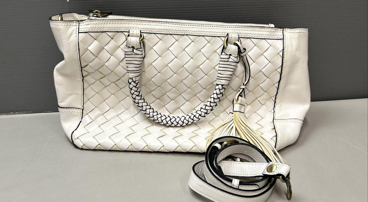 Patricia Nash Cortona Ivory Woven Leather Tote Bag with Tassel Charm
