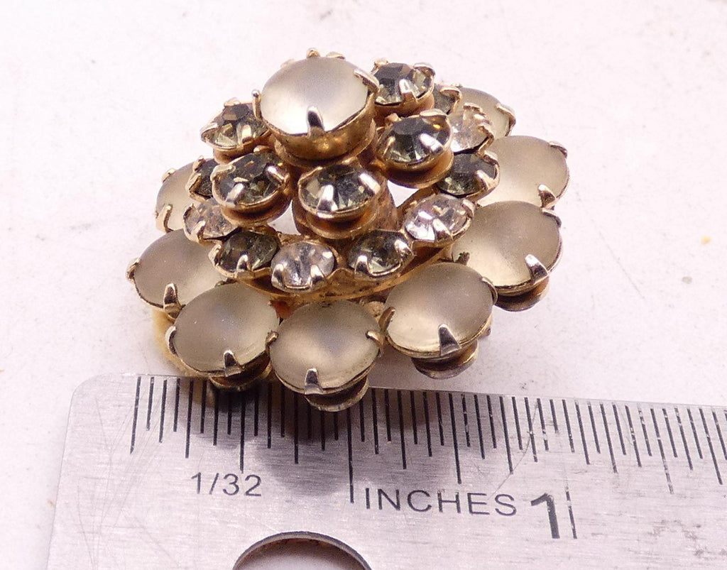 Vintage Gold Tone Frosted Glass Rhinestone/Crystal Flower Clip On Earrings
