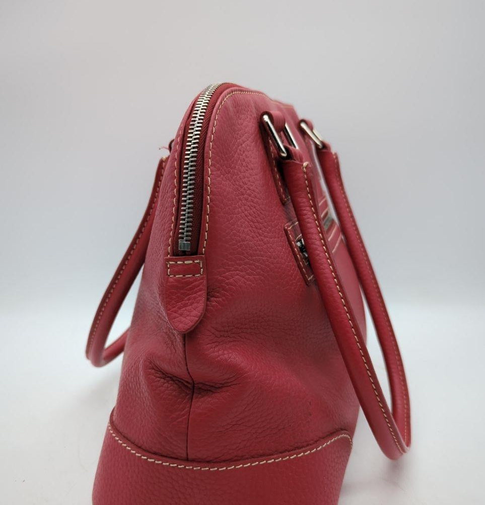 Dooney and Bourke rose pink pebbled leather domed satchel with rolled handles and shoulder strap, view 5