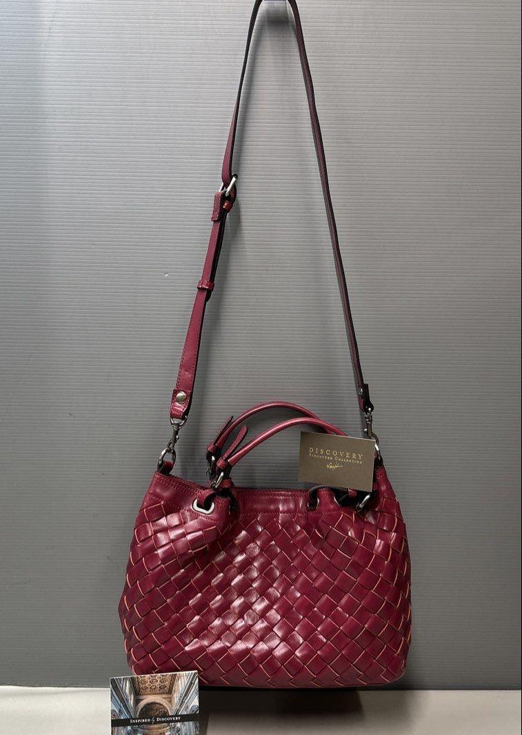 Magenta woven leather satchel with rolled top handle, crossbody strap and silver-tone hardware, view 2