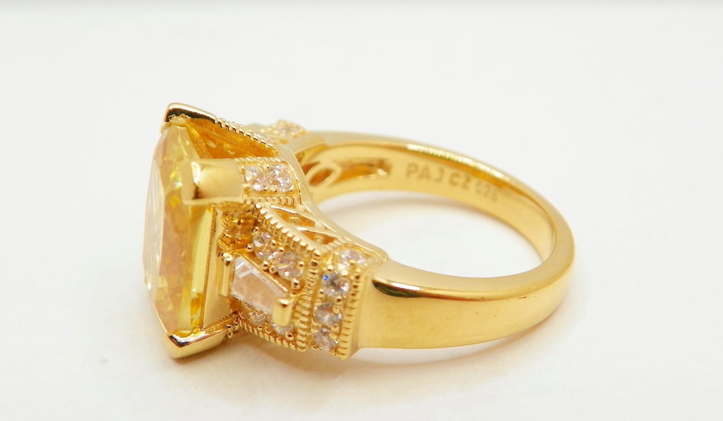 8.0g 925 14K Gold Plated Synthetic Heliodor/Sim Diamond (CZ) Filigree Ring Sz 7