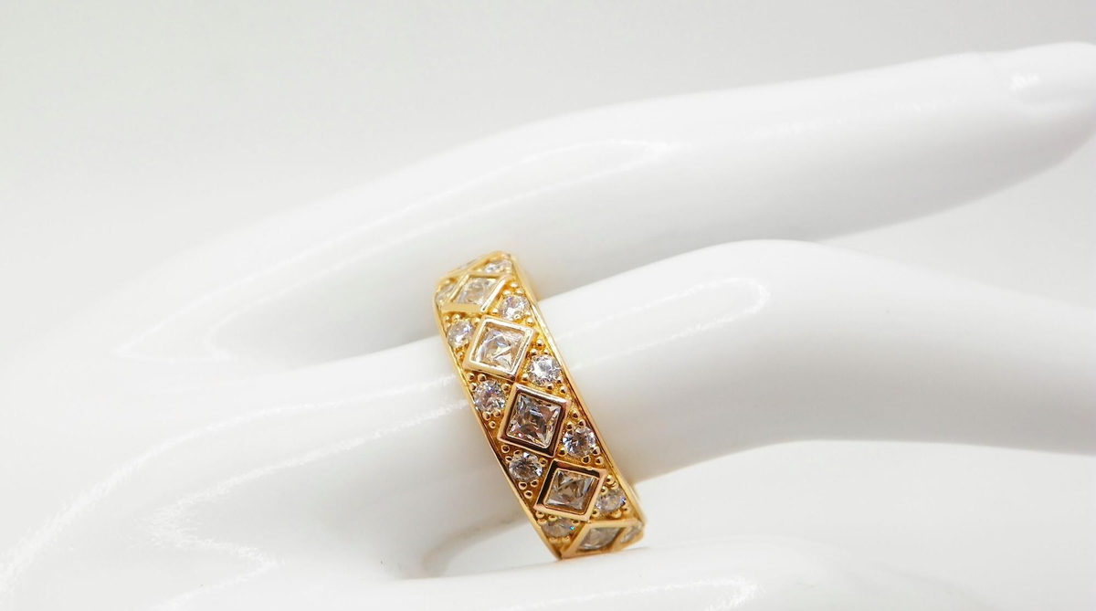 Gold-plated wide band ring with simulated diamond cubic zirconia, view 3