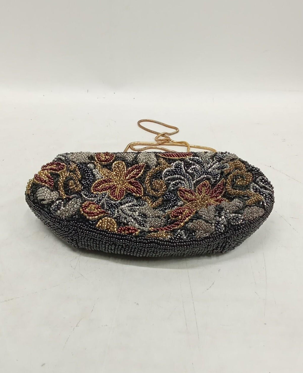 Carolyne Barton Beaded Evening Bag with Floral Design | 8" Vintage-Style Chain Clutch
