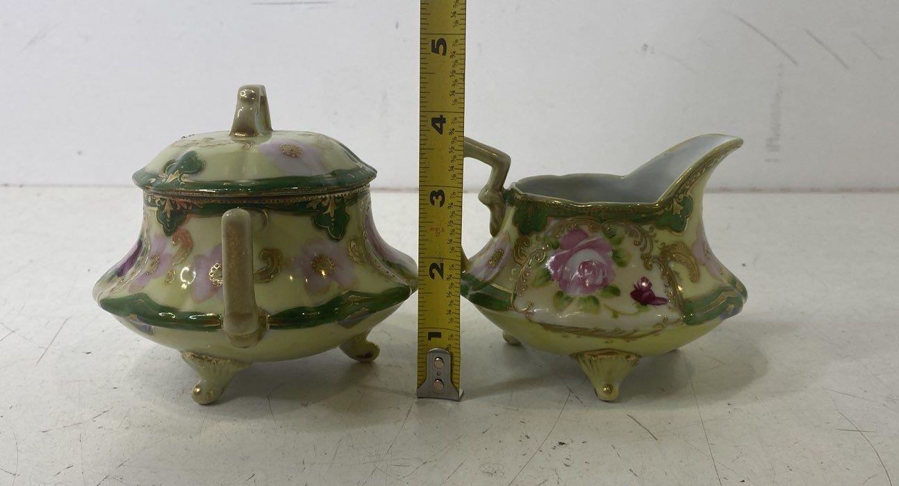 Hand-Painted Floral Footed Porcelain Sugar Bowl & Creamer Set | Vintage Pink Rose Tableware