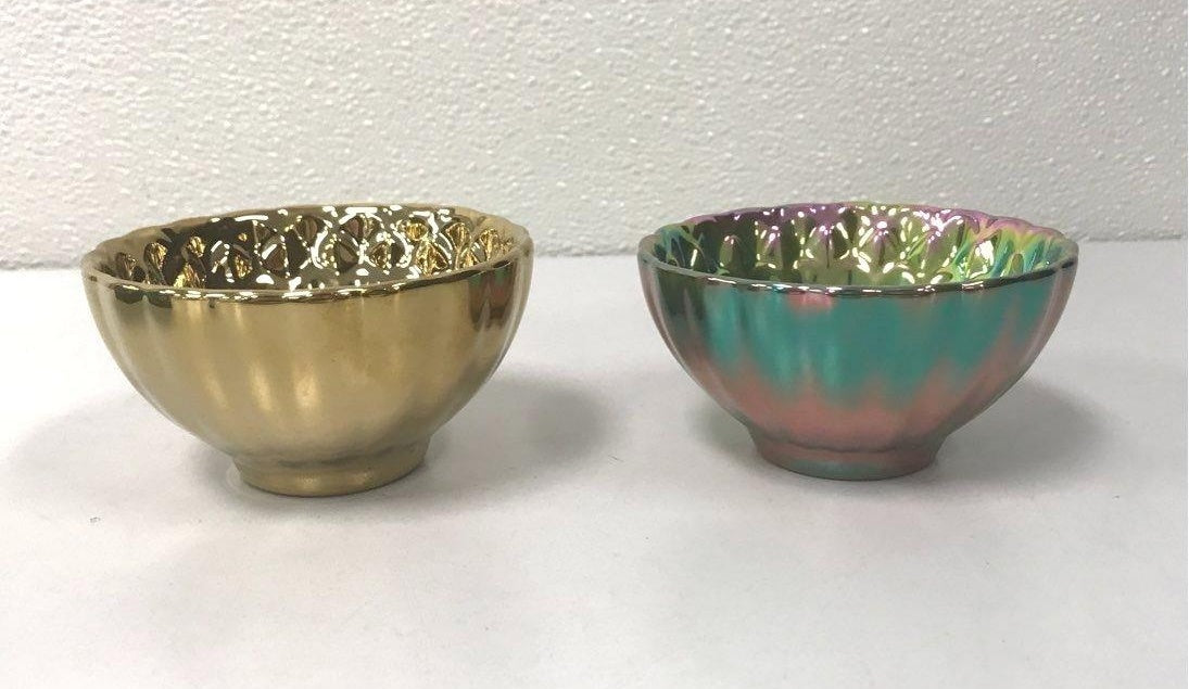 Two small peacock-style gold, silver and multicolor metallic ceramic cups in decorative box, view 5