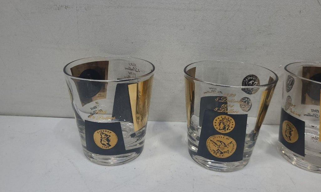 Vintage 1960s Gold Coin Rocks Glasses Set, Black & Gold Mid-Century Barware Tumblers