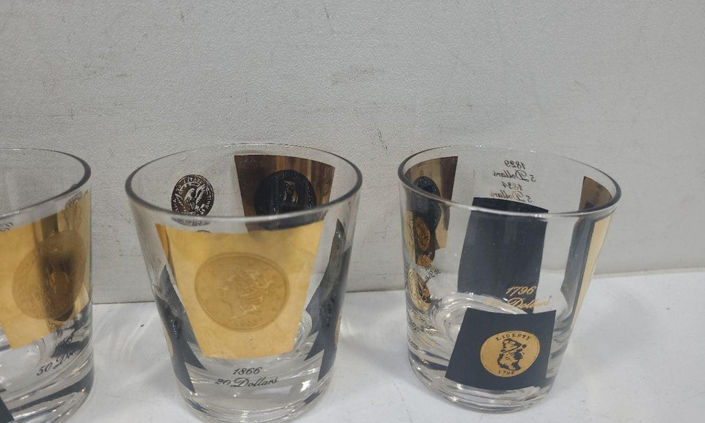 Vintage 1960s Gold Coin Rocks Glasses Set, Black & Gold Mid-Century Barware Tumblers