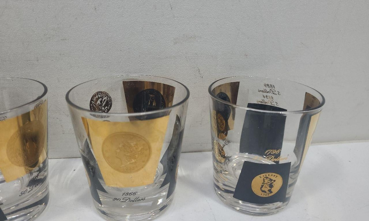 Vintage 1960s Gold Coin Rocks Glasses Set, Black & Gold Mid-Century Barware Tumblers