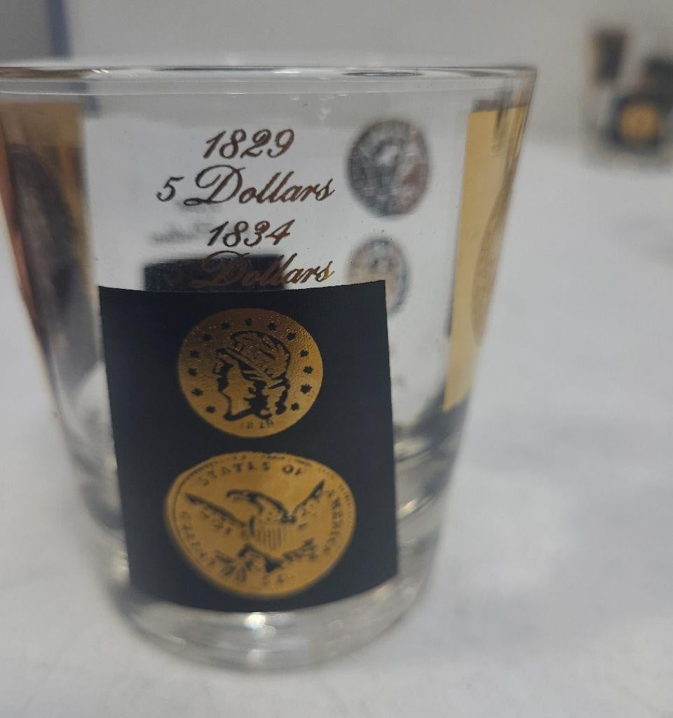 Vintage 1960s Gold Coin Rocks Glasses Set, Black & Gold Mid-Century Barware Tumblers