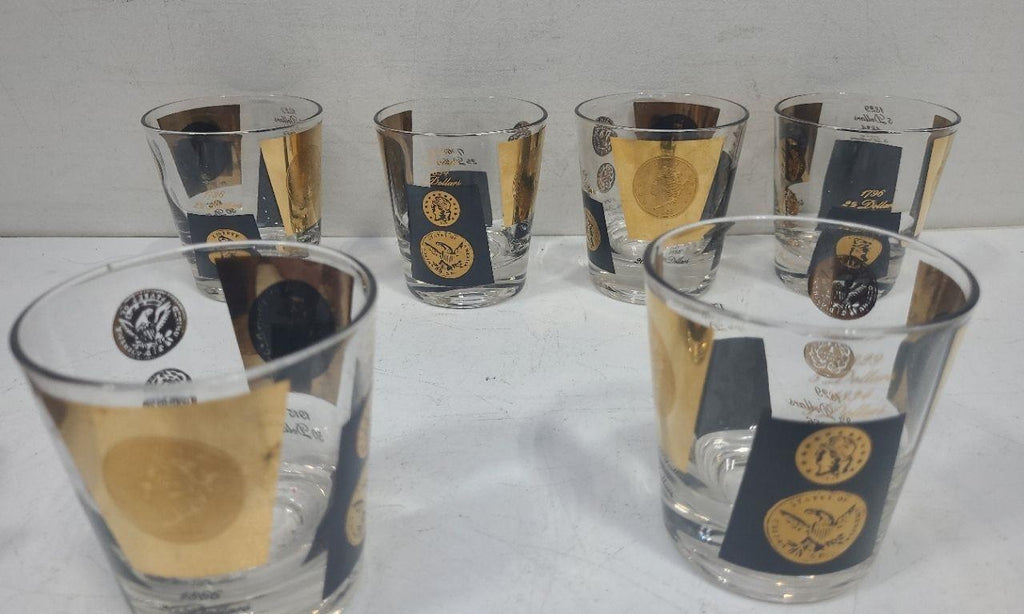 Vintage 1960s Gold Coin Rocks Glasses Set, Black & Gold Mid-Century Barware Tumblers