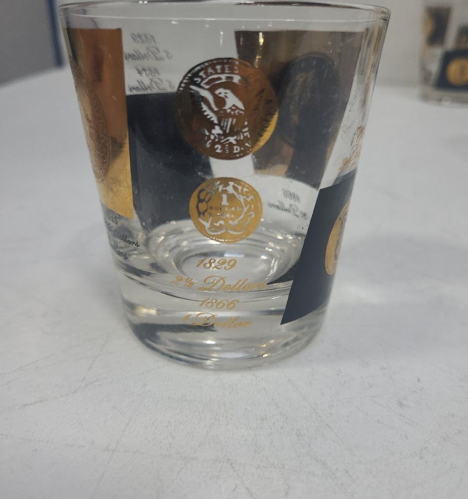 Vintage 1960s Gold Coin Rocks Glasses Set, Black & Gold Mid-Century Barware Tumblers