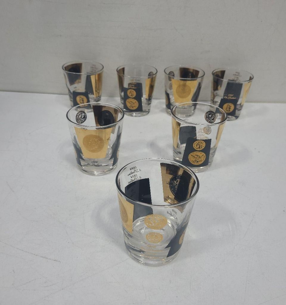 Vintage 1960s Gold Coin Rocks Glasses Set, Black & Gold Mid-Century Barware Tumblers