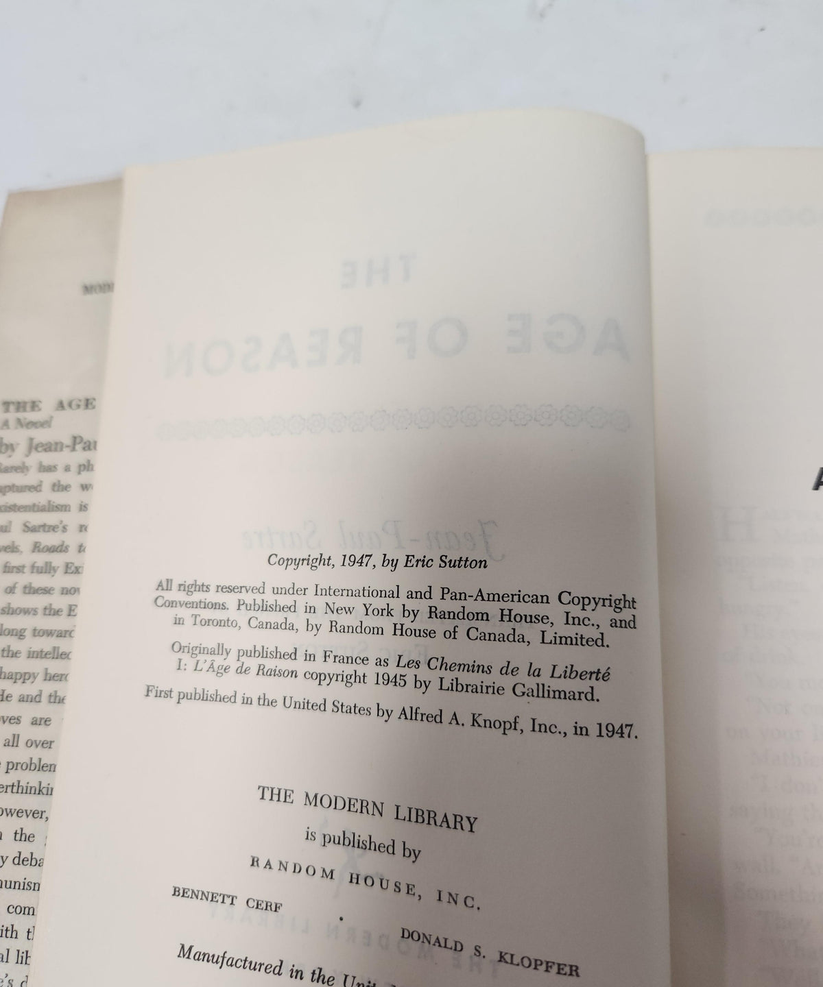 The Age of Reason by Jean-Paul Sartre, Modern Library edition cover, view 2