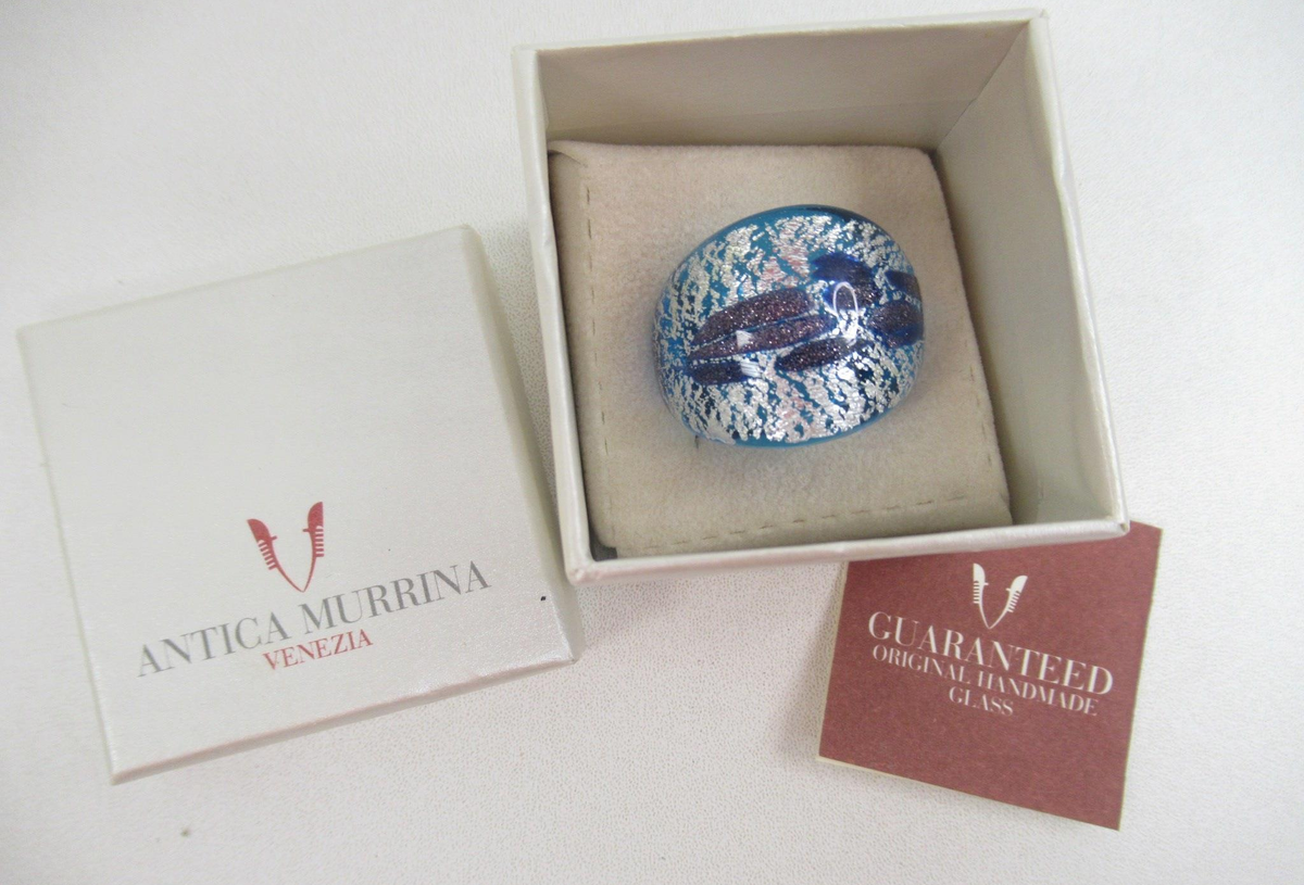 Blue swirled art glass statement ring with Antica Murrina Venezia box, view 2
