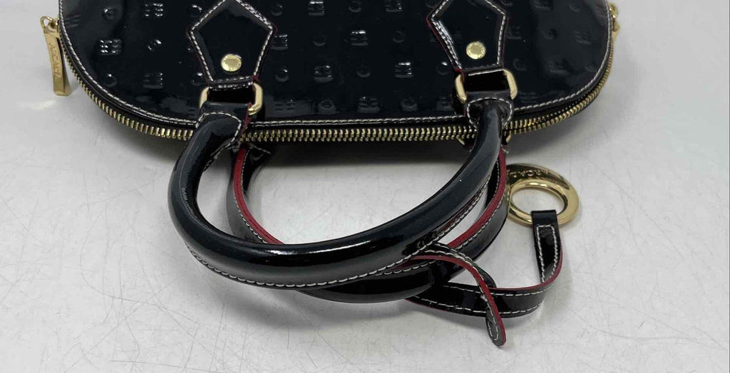 Arcadia Black Engraved Patent Leather Satchel Bag | Double Handle Zip Top Designer Handbag