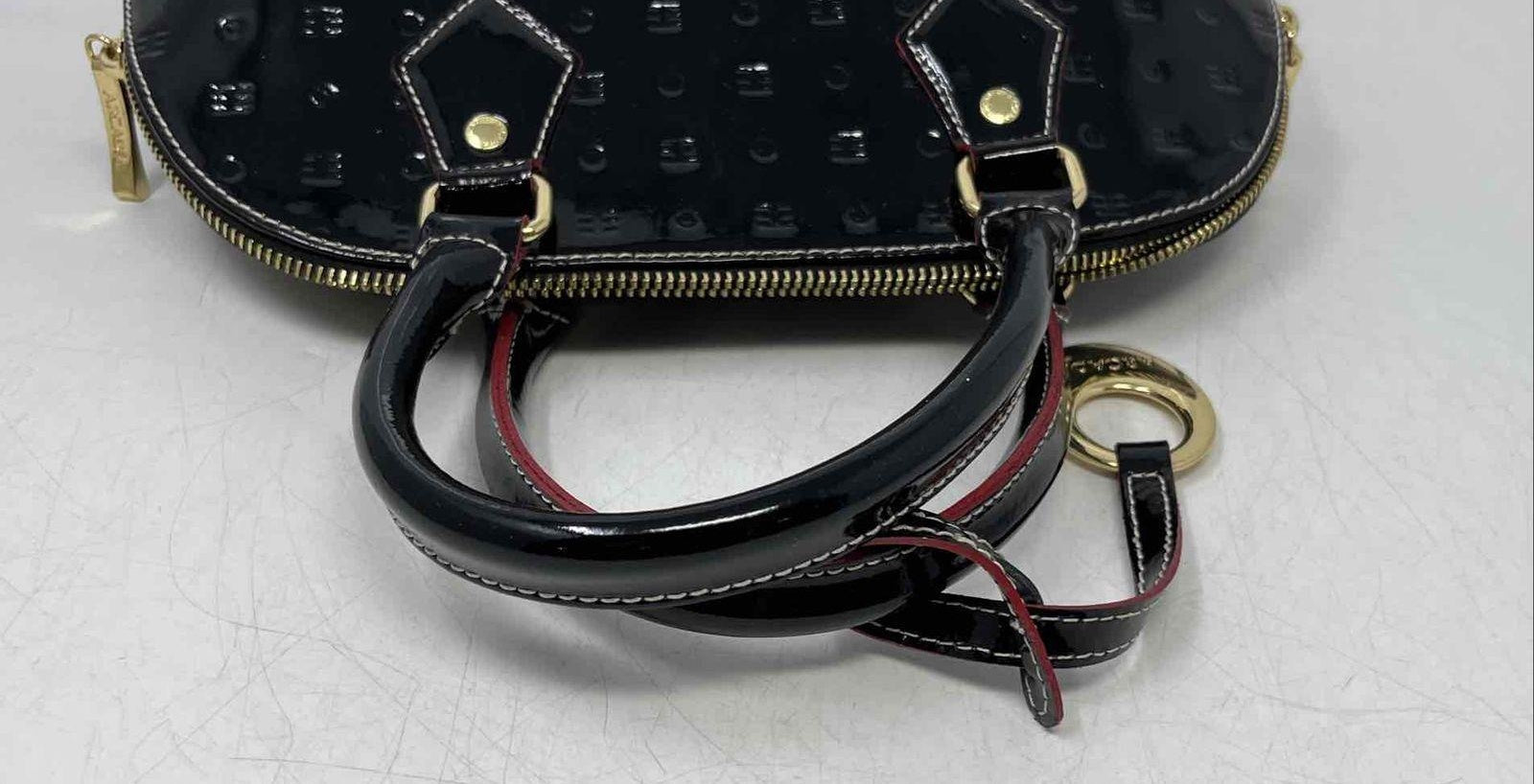 Arcadia Black Engraved Patent Leather Satchel Bag | Double Handle Zip Top Designer Handbag