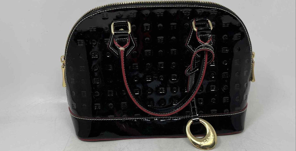 Arcadia Black Engraved Patent Leather Satchel Bag | Double Handle Zip Top Designer Handbag