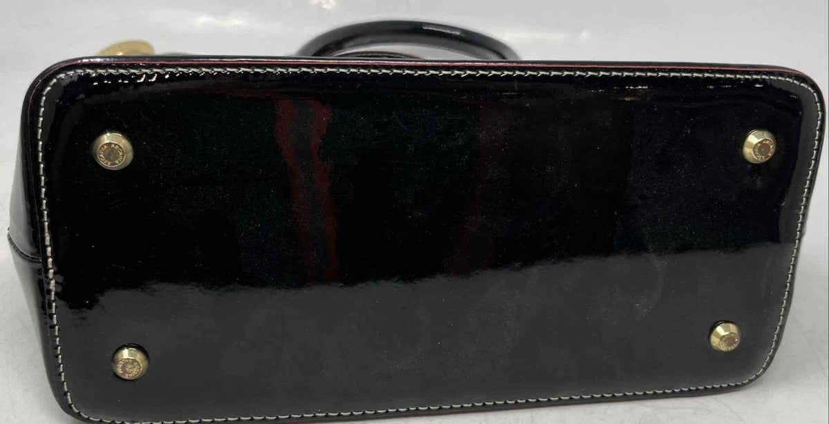 Arcadia black engraved patent leather satchel with double rolled handles, view 4
