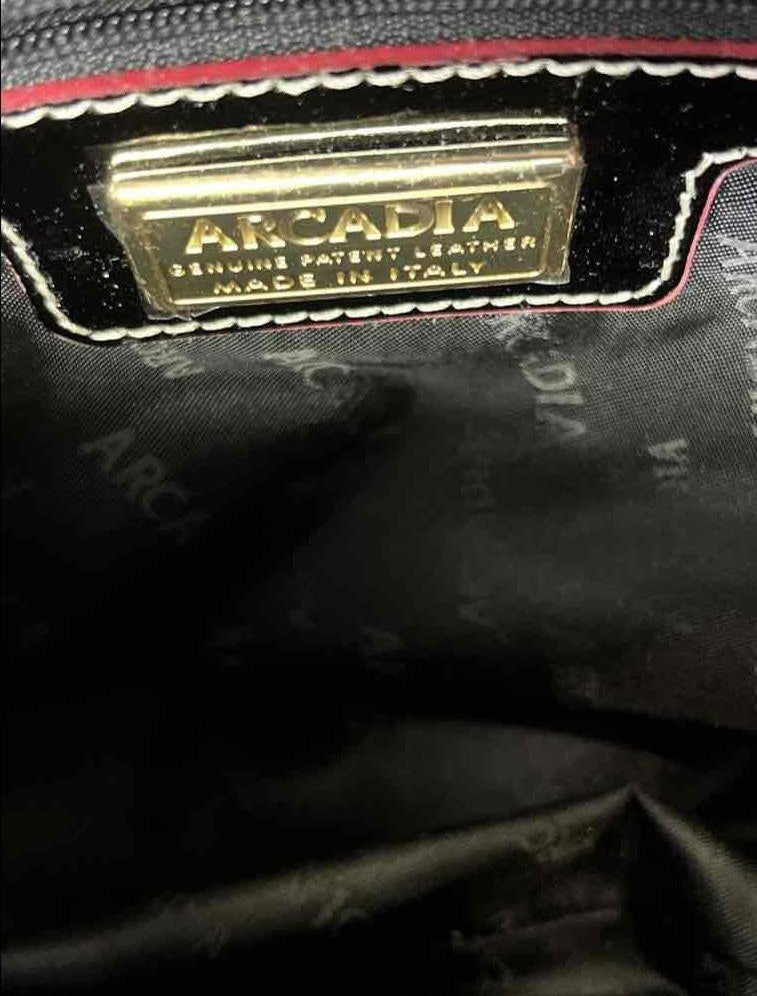 Arcadia Black Engraved Patent Leather Satchel Bag | Double Handle Zip Top Designer Handbag