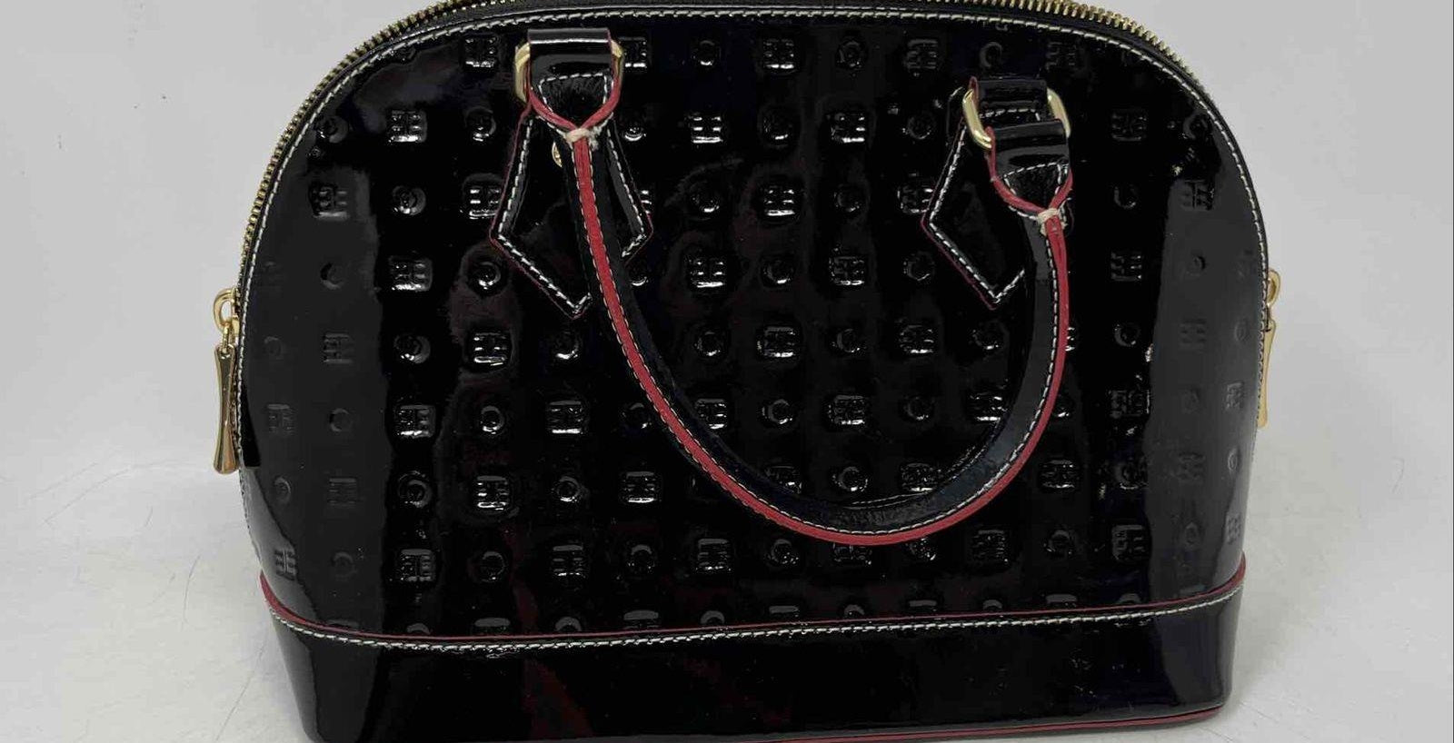 Arcadia Black Engraved Patent Leather Satchel Bag | Double Handle Zip Top Designer Handbag