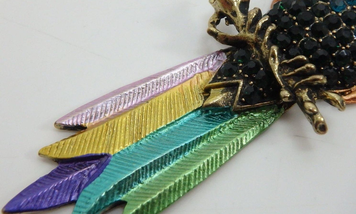 Gold-tone tropical parrot pendant with blue and green rhinestones, enamel and iridescent dangles, view 3
