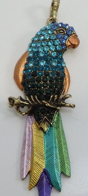 Gold-tone tropical parrot pendant with blue and green rhinestones, enamel and iridescent dangles, view 4