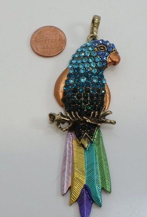 Blue & Green Rhinestone Enamel Parrot Pendant Tropical Bird Statement Necklace Charm