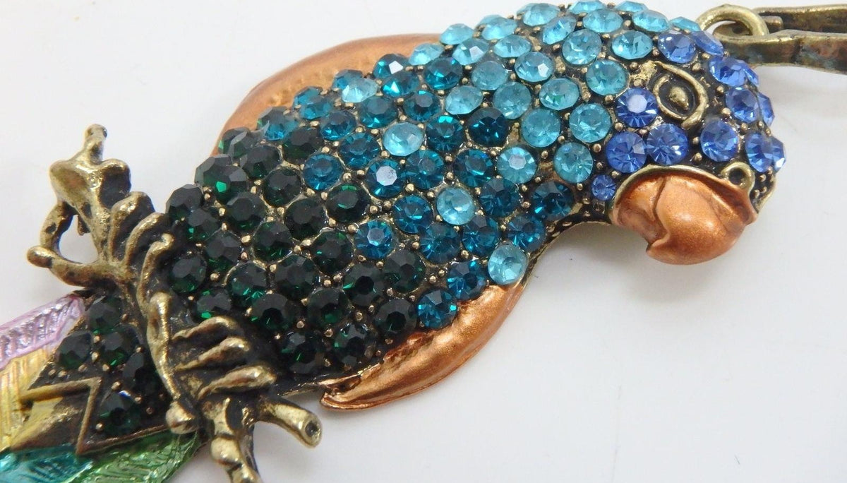 Gold-tone tropical parrot pendant with blue and green rhinestones, enamel and iridescent dangles, view 6