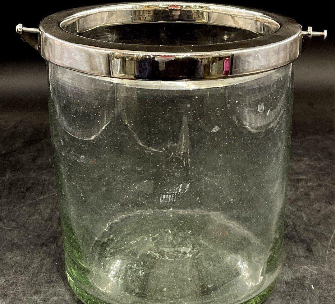 AGE REVIEW Light Green Glass Silver Plated Rim Ice Bucket