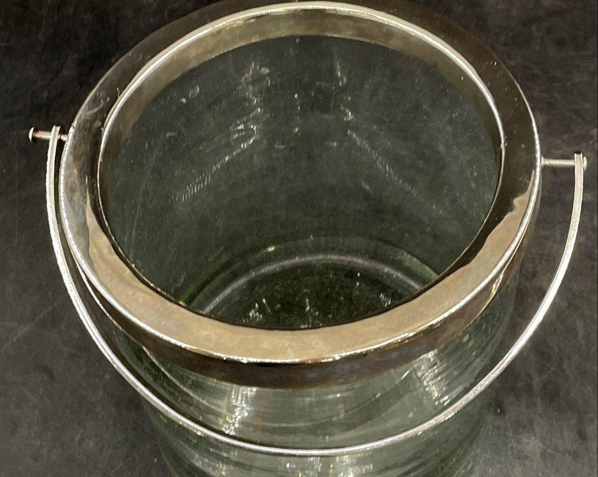 AGE REVIEW Light Green Glass Silver Plated Rim Ice Bucket