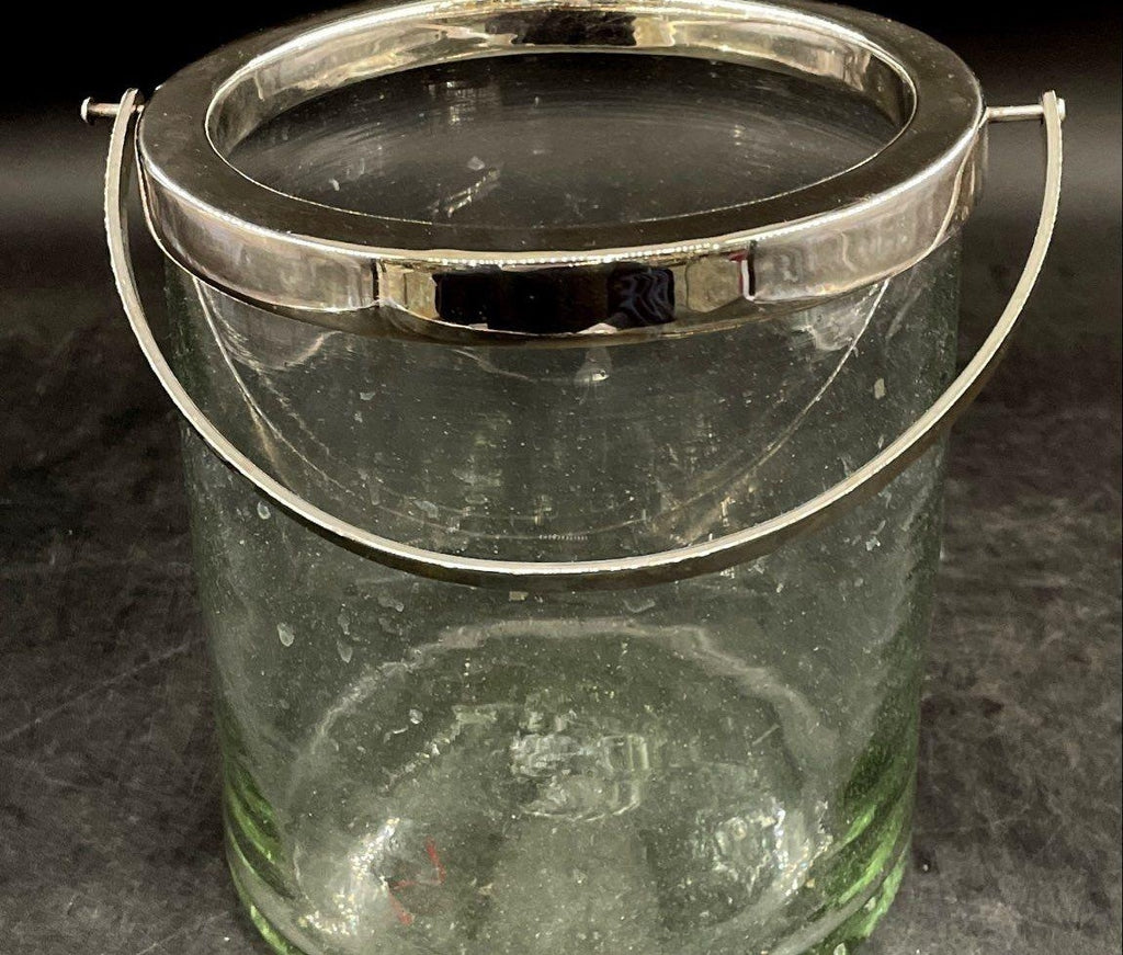 AGE REVIEW Light Green Glass Silver Plated Rim Ice Bucket