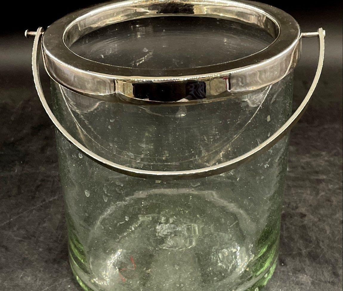 AGE REVIEW Light Green Glass Silver Plated Rim Ice Bucket