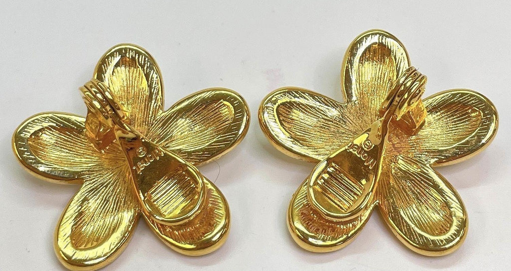 Vintage Monet Gold Tone Cream Flower Clip-On Earrings with Black Faux Stone Centers | Designer Floral Jewelry 19.8g