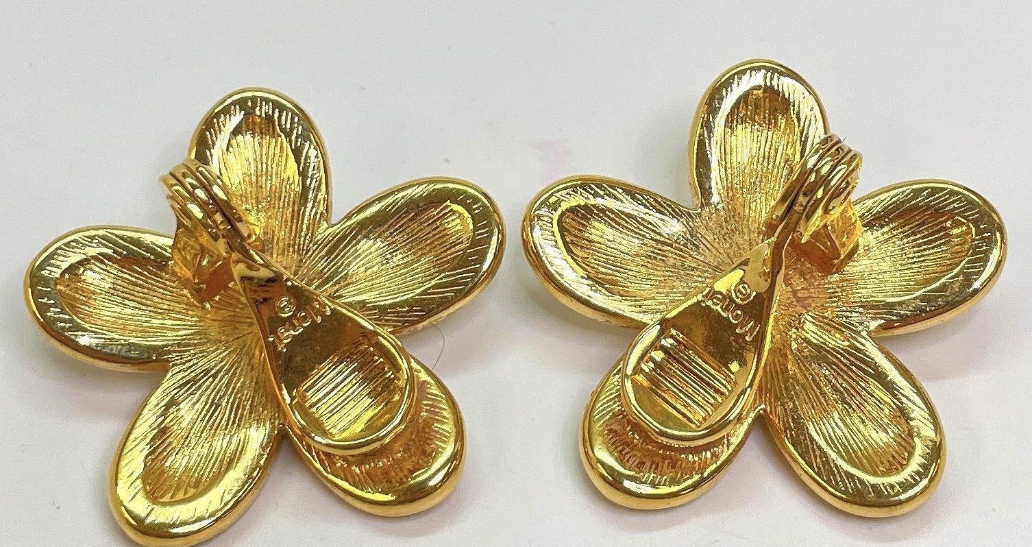 Vintage Monet Gold Tone Cream Flower Clip-On Earrings with Black Faux Stone Centers | Designer Floral Jewelry 19.8g