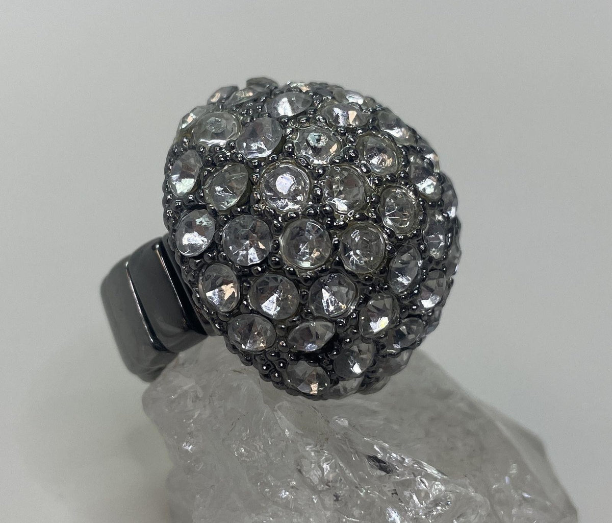 Silver-tone adjustable dome ring covered in clear rhinestones, view 4