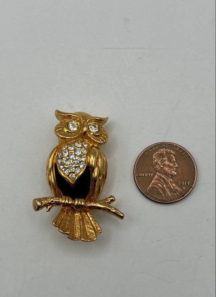 Vintage Swarovski Gold Tone Crystal Owl Brooch Black Enamel Figural Pin