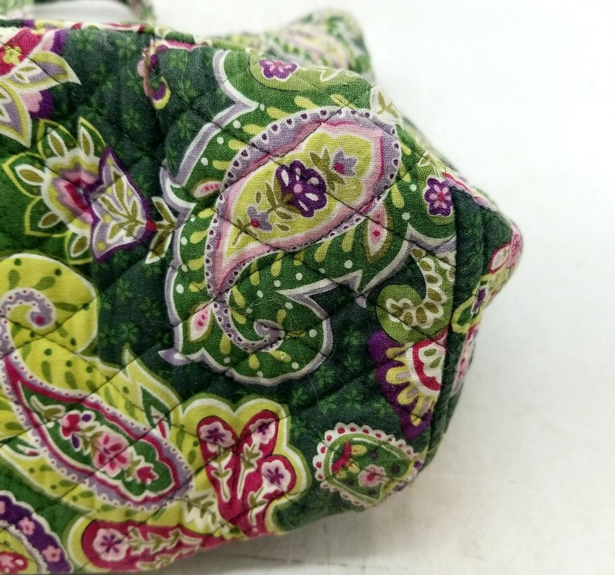 Green multicolor paisley quilted fabric shoulder tote with long straps and exterior pockets, view 2